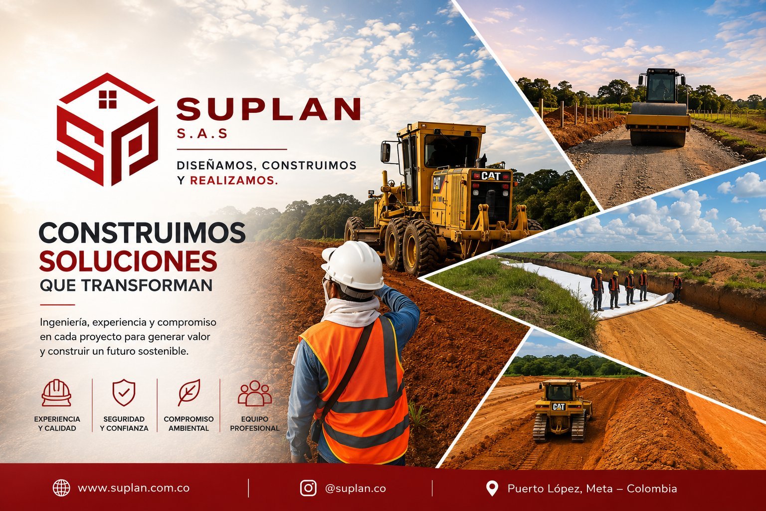 Suplan construction company promotional flyer featuring worker in safety gear and heavy machinery on construction site in Colombia