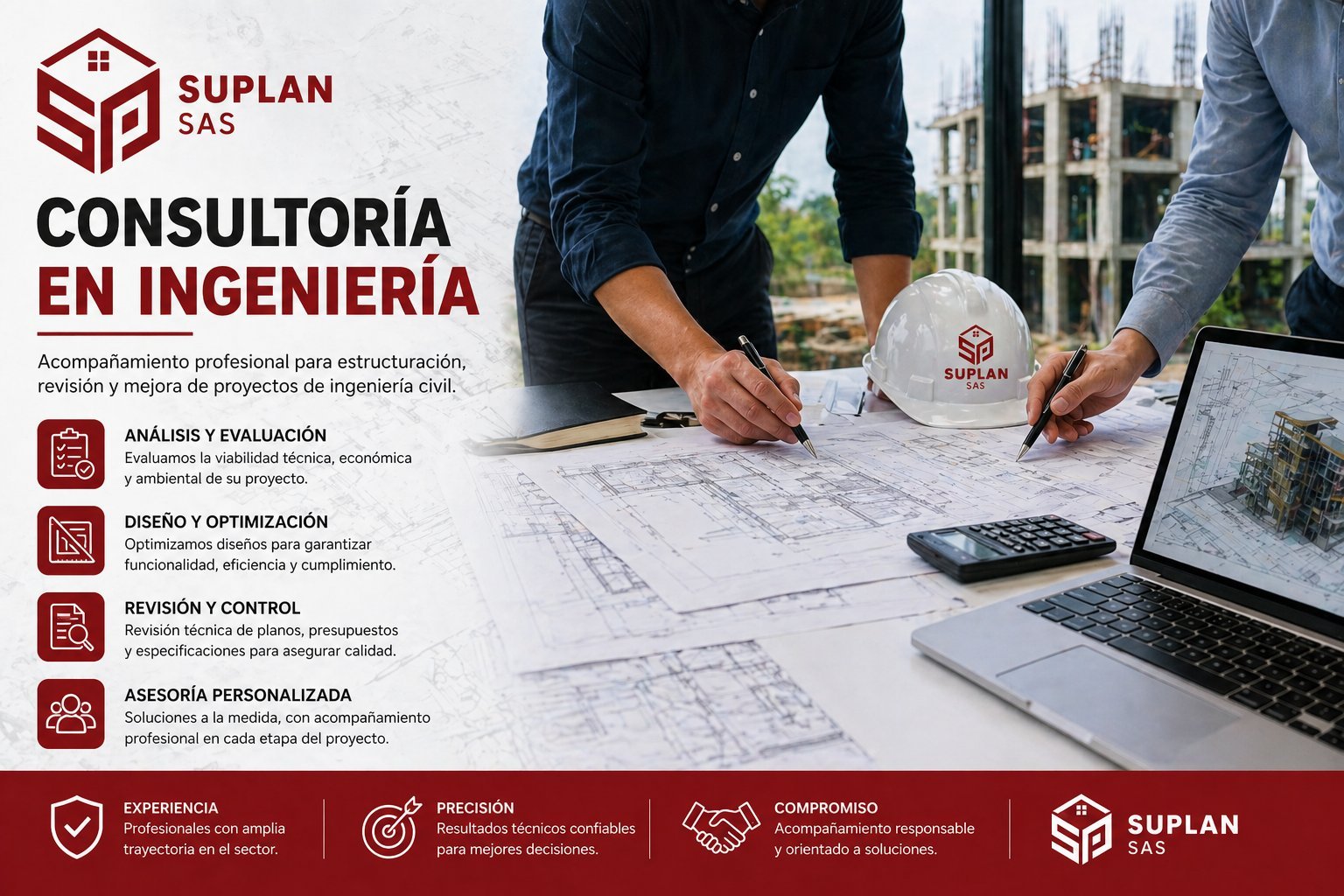 Engineers reviewing architectural blueprints and designs on a table with a laptop, representing SUPLAN consulting services in engineering