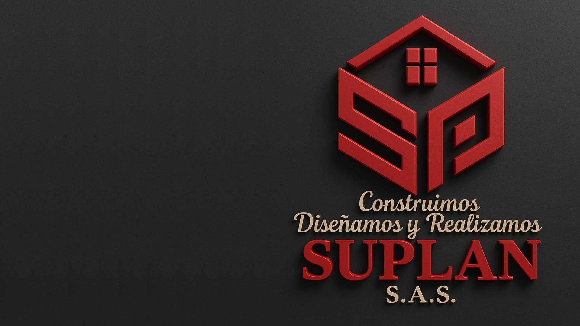 Red 3D isometric house logo with text Construimos Diseñamos y Realizamos SUPLAN S.A.S.