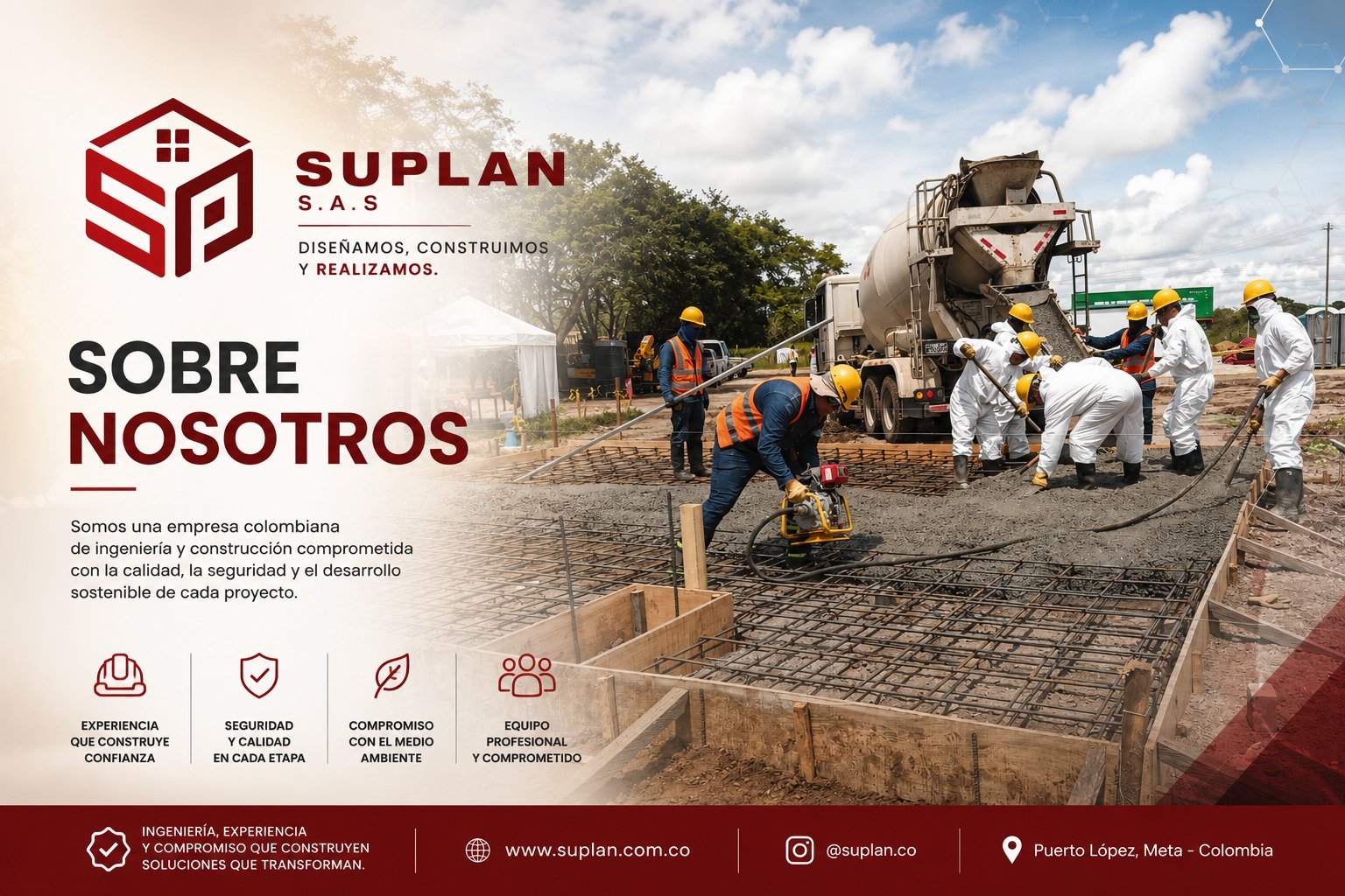 SUPLAN construction company workers pouring concrete on a building project site with equipment and machinery