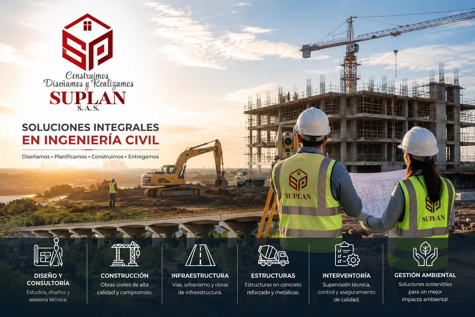 SUPLAN civil engineering company advertisement showing construction site with workers, crane, and building under development