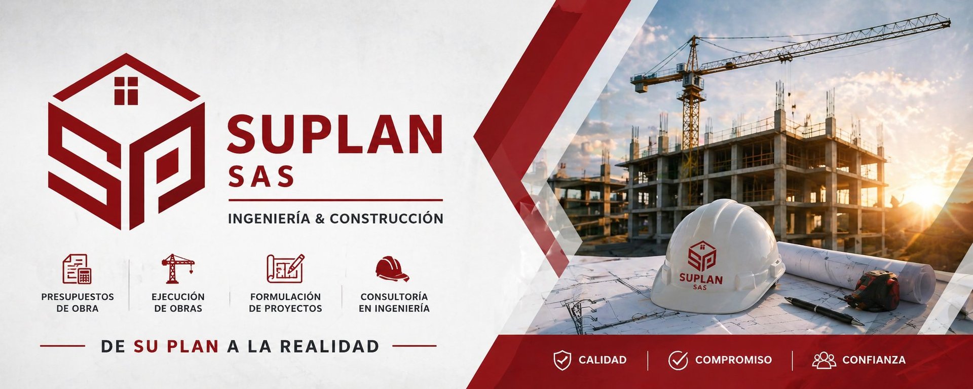 SUPLAN SAS construction company header with logo, services icons, construction site photo, and quality assurance badges